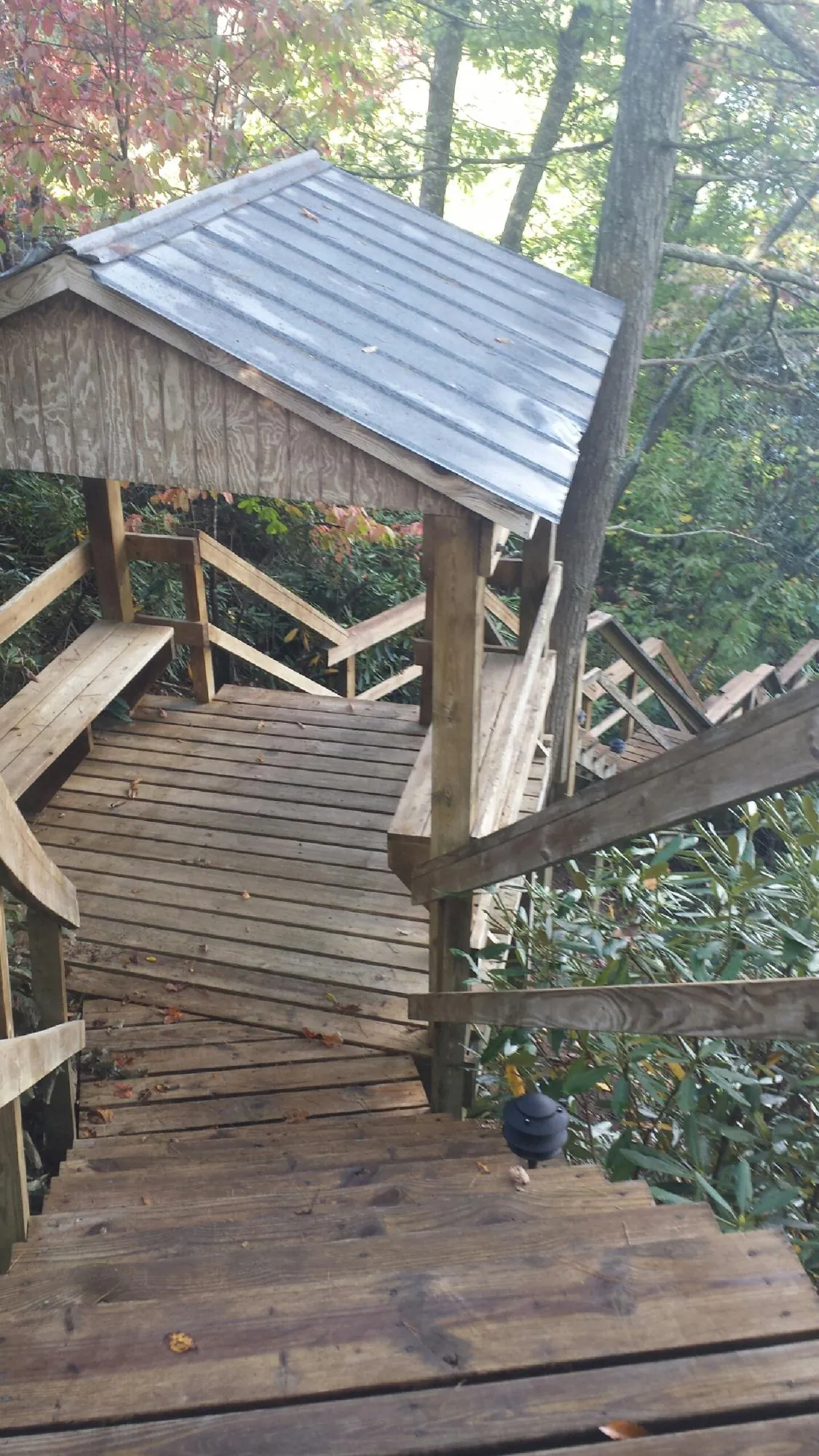Metal roofed shelter over wooden steps on a wooded walkway — Skylight Repair & Installation work by our crew in Meadville